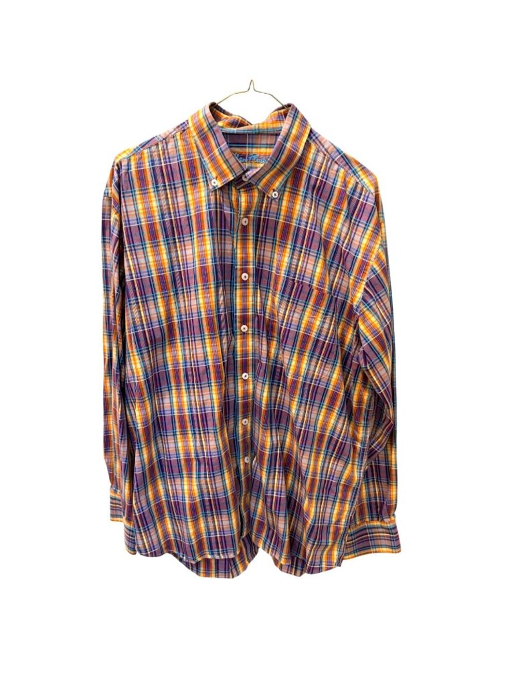 Alan Flusser Mens XL Yellow Blue Plaid Button-Down Shirt Long Sleeve 100% Cotton